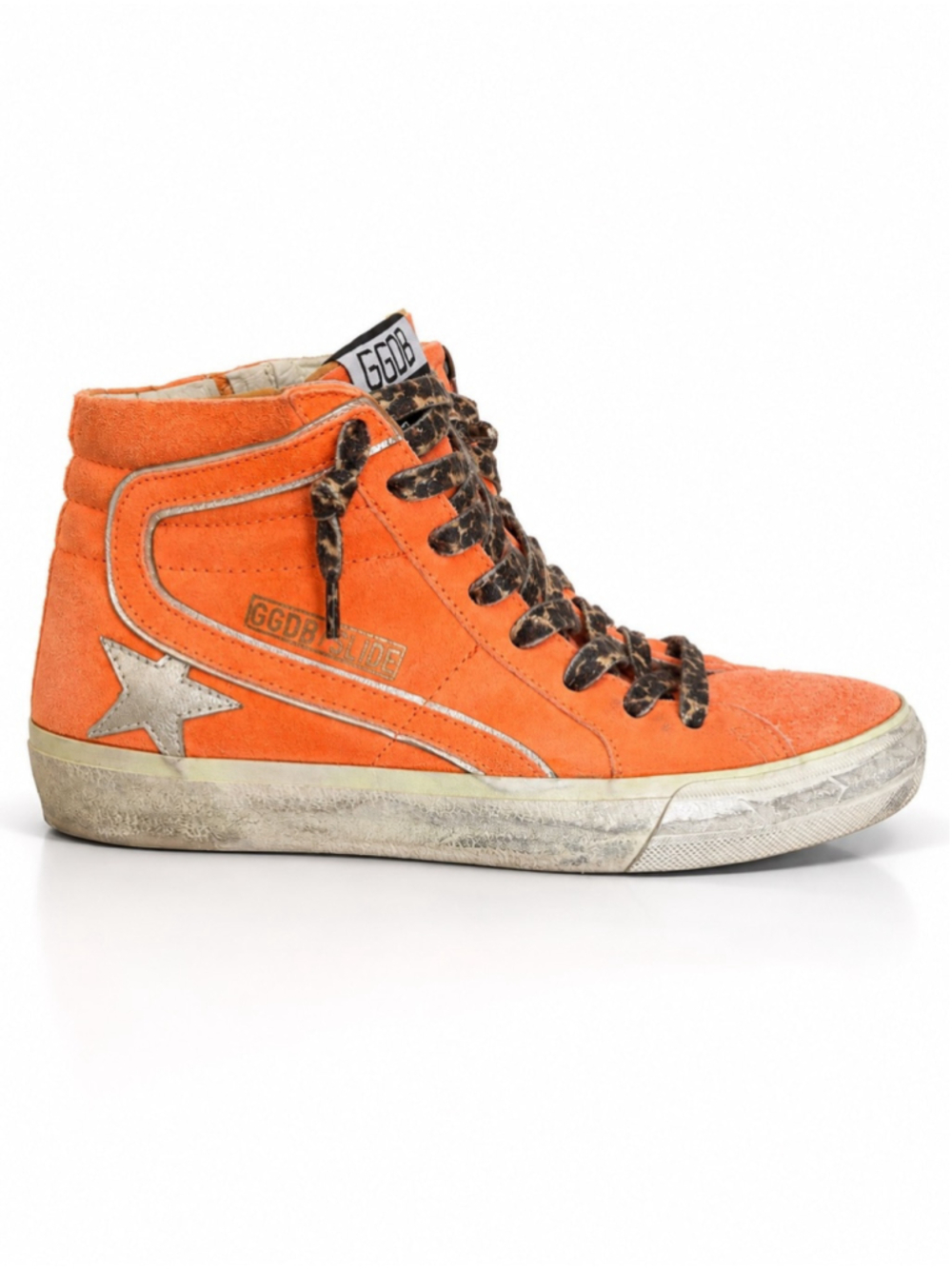 Golden Goose GGDB Slide Orange Suede High Top Sneakers Leopard Laces Sz 39